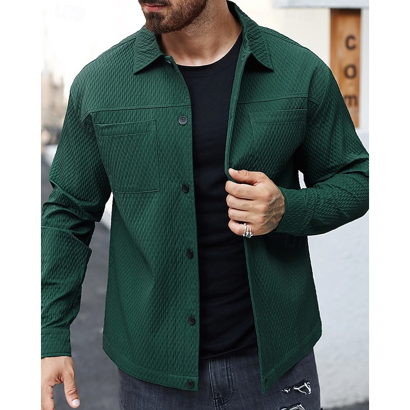 Men's Lightweight Jacket Casual Jacket Vacation Daily Warm Pocket Jacquard Spring Fall Plain Fashion Classic Lapel Regular Dark Green Brown Jacket