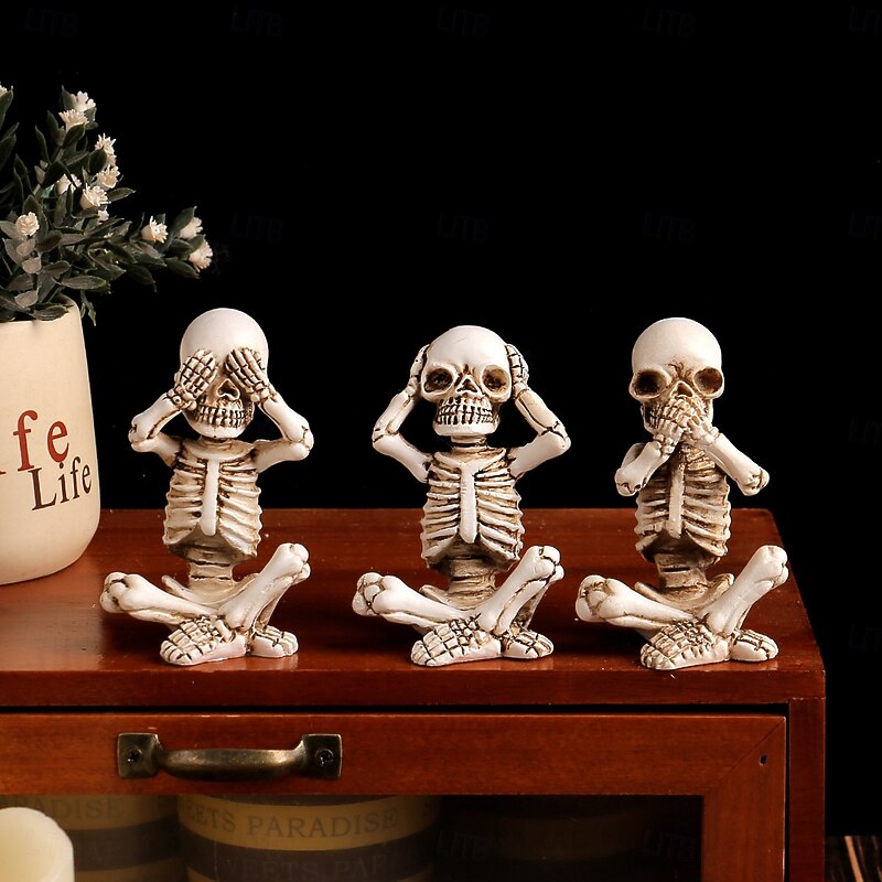 3pcs/set Halloween Skeleton Figurines Set,Resin Skull Decorations for Spooky Tabletop Display, Haunted House Decor