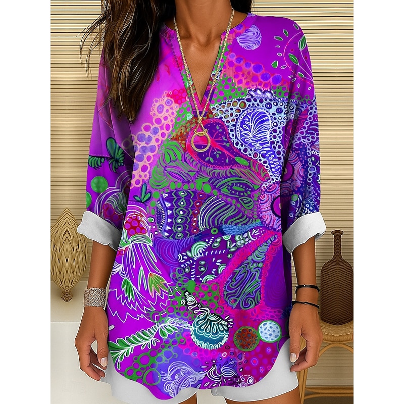 Women's Blouse Tunic V Neck Long Sleeve Boho Casual Tops Graphic Abstract Elegant Stylish Pretty Regular Tops Daily Print Yellow Red Blue Purple Green4