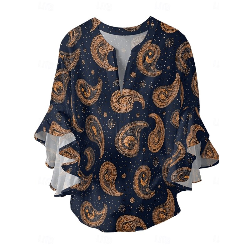 Women's Blouse Paisley Retro Vintage Ethnic 3/4 Length Sleeve V Neck Regular Tops Daily Holiday Ruffle Print Black Navy Blue Purple Orange Summer3