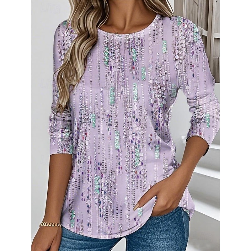 Women's T shirt Long Sleeve Crew Neck Long Sleeve Tunic Graphic Geometric Abstract Elegant Vintage Stylish Regular Tops Daily Print Pink Blue Purple Green Prefall4