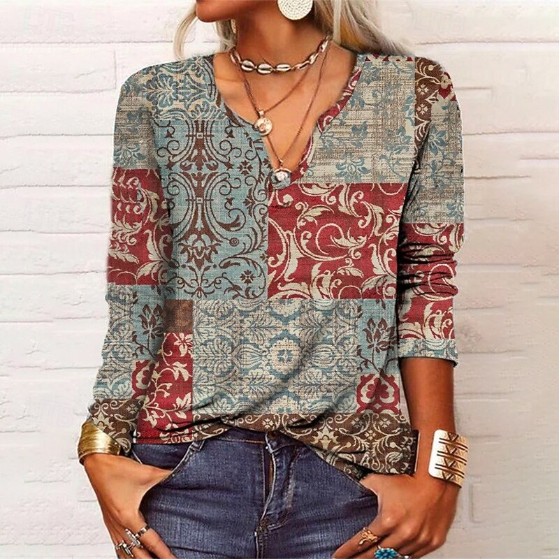 Women's Shirt Blouse Flower Modern Casual Long Sleeve V Neck Regular Tops Daily Going out Print White Red Blue Orange Summer2