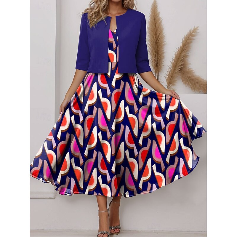 Women's Two Piece Dress Sets Midi Dress with Jacket Elegant A Line Dress Half Sleeve Party Semi Formal Graphic Stripe Print V Neck Wedding Guest Daily Pink Purple Orange Regular Fit2
