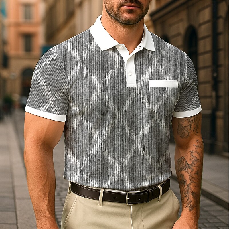 Men's Argyle Polo Short Sleeve Polo Collar Business Casual Daily Buttons Pocket Summer Robin's Egg Blue Grey Green3