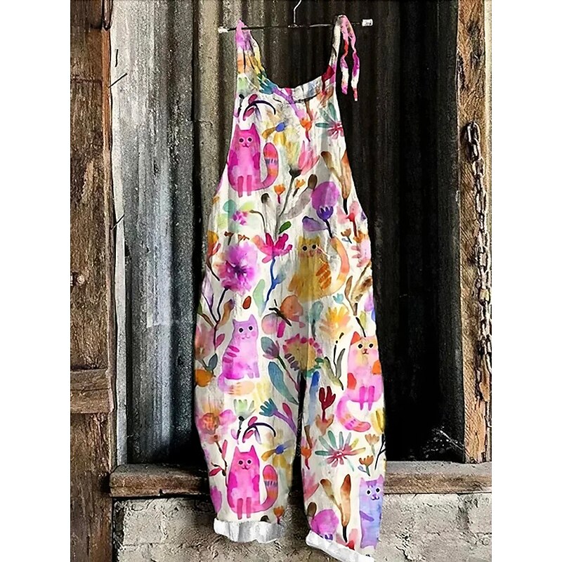 Women's Overalls Vacation Vintage Ethnic Style Full Length High Waist Floral Graphic Animal Drawstring Inelastic Formal Vacation Street Yellow Pink Green Summer Spring Fall Loose Fit3