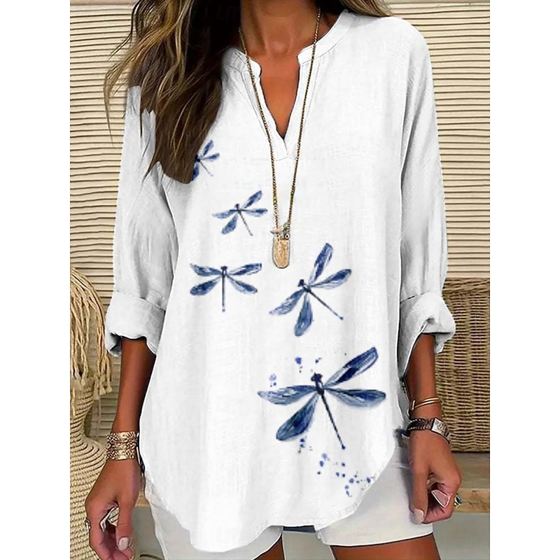 Women's Blouse Floral Stylish Modern Long Sleeve V Neck Regular Tops Daily Holiday Print White Pink Khaki Summer