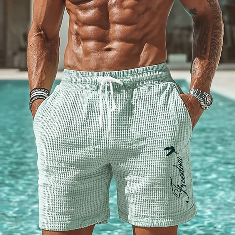 Men's Letter Print Freedom Waffle Shorts Sweat Shorts Casual Shorts Mid Waist Fashion Casual Vacation Jogging Workout Elastic Drawstring Waist Shorts with Pockets Designer Clothing Apparel
