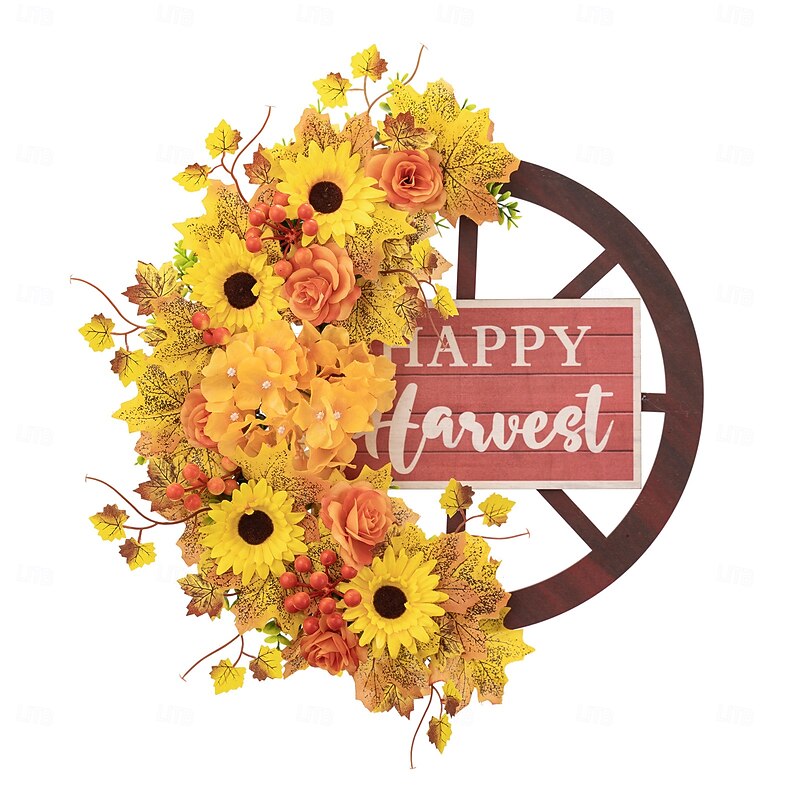 Fall Wreath for Front Door Thanksgiving Harvest Indoor Outdoor Decoration, Maple Leaf Sunflower Wagon Wheel Hanging Wreath for Porch and Home Decor2