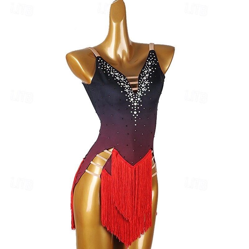 Latin Dance Dress Tassel Splicing Crystals / Rhinestones Women's Performance Party Sleeveless Chinlon Spandex3