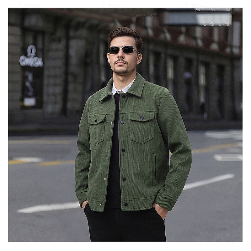 Men's Shirt Jacket Corduroy Jacket Casual Daily Breathable Pocket Spring &  Fall Plain Classic Lapel Regular Black White Dark Green Brown Jacket3
