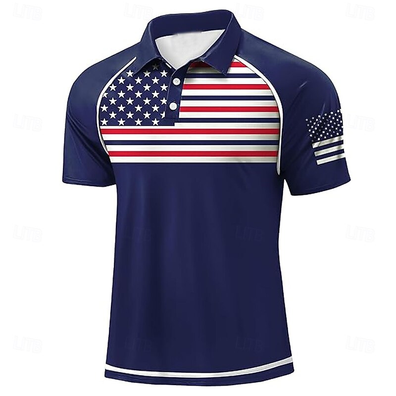 Independence Day Men's American US Flag Polo Short Sleeve Polo Shirts Polo Collar Sporty Casual Daily Casual Festival Buttons 3D Print Raglan Sleeves Summer White Navy Blue Military Green3