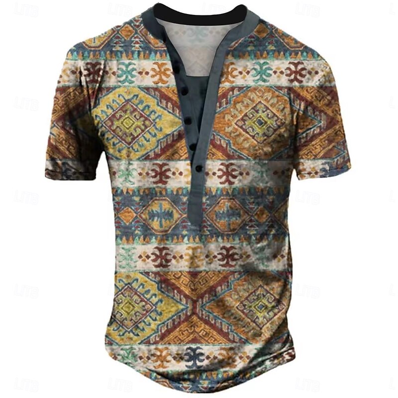 Men's Geometric Ethnic T Shirt Henley Shirt Tee Short Sleeve Designer Basic Ethnic Outdoor Casual Daily Summer Gray Henley Henley T-Shirt - Main Image