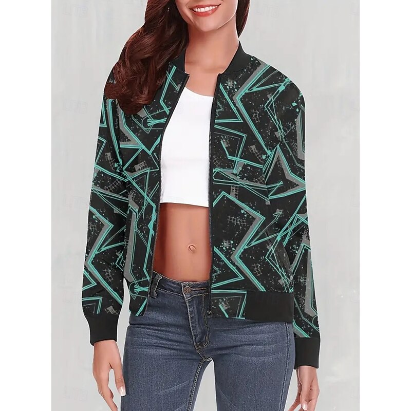 Women's Bomber Jacket Comfortable Breathable Zipper Print Casual Geometric Vacation Street Casual Daily Wear Zipper Regular Stand Collar Regular Fit Long Sleeve Outerwear Black Wine Navy Blue Spring2