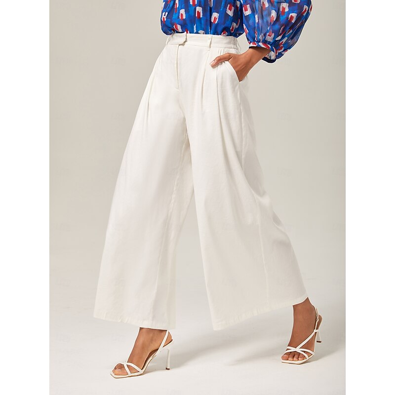 Breathable Linen Off-White Wide-Leg Pants