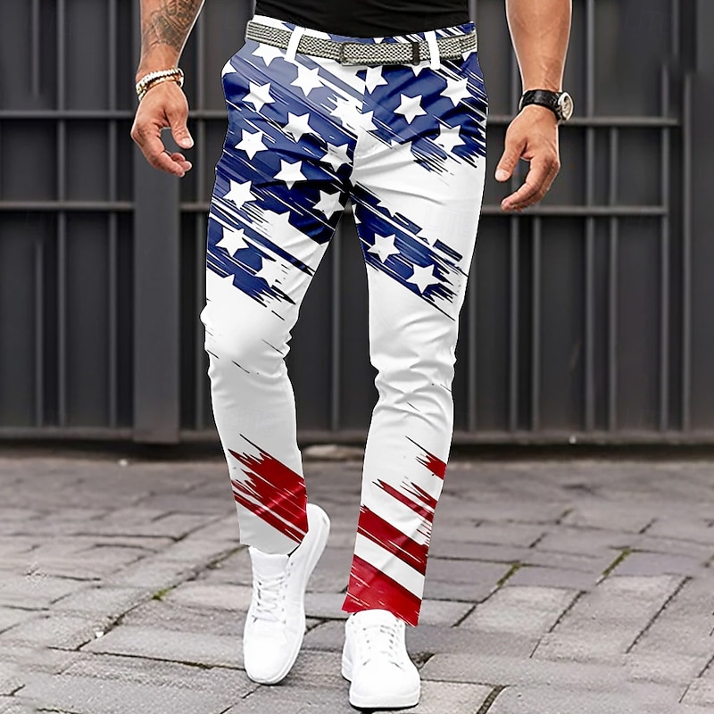 Men's US Flag Patriotic Dress Pants Trousers Casual Pants Mid Waist Classic Casual Holiday Slim Fit Pants with Pockets Spring Fall 3D Print White Blue