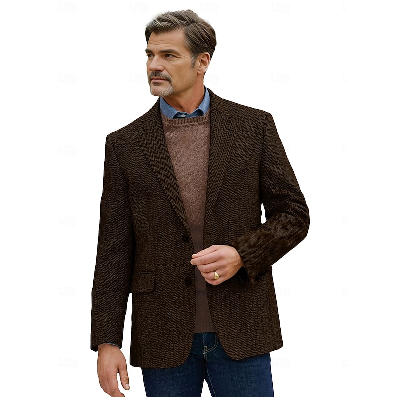Men's Tweed Blazer Wool Herringbone Blazer Retro Vintage Classic Brown Standard Fit Single Breasted Two-buttons2