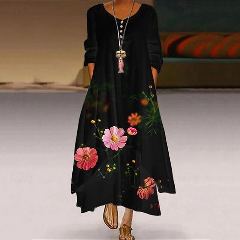 Women's Long Dress Maxi Dress Casual Dress Print Dress Elegant Fashion Classic Outdoor Vacation Holiday Regular Fit Flower Long Sleeve V Neck Black Green Spring Fall