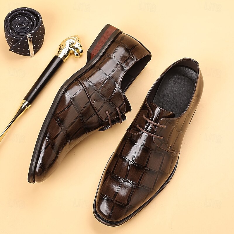 Men's Dark Brown Faux Crocodile Leather Oxford Shoes – Elegant Lace-Up Footwear for Business Meetings & Special Occasions2