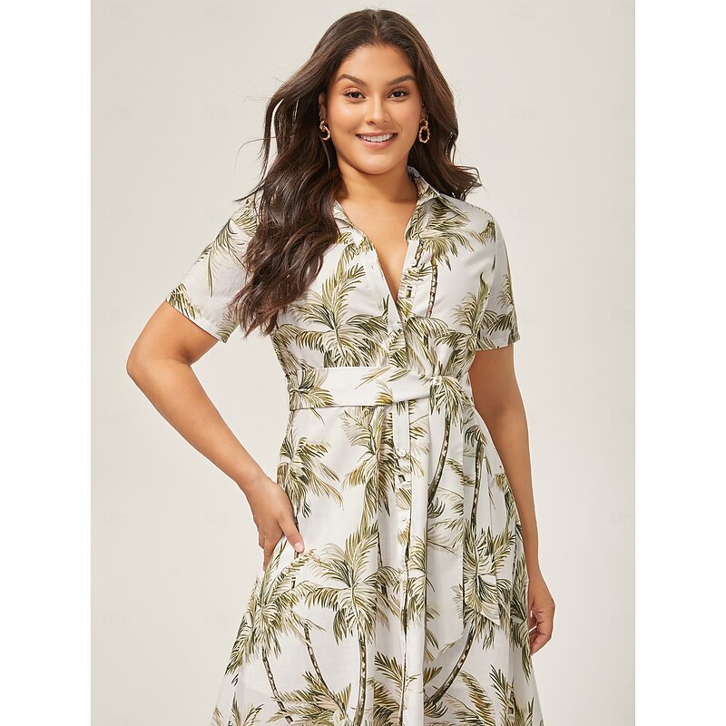 Palm Print Linen Look Button Down Midi Shirt Dress3