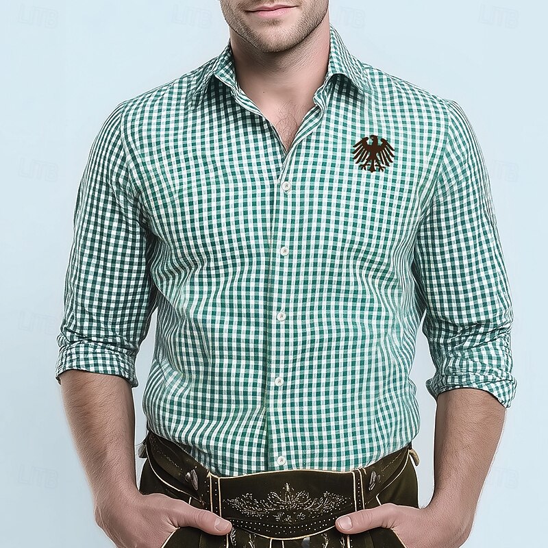 Men's Plaid Checkered Traditional Oktoberfest Shirt Button Up Shirt Trachten Shirts Long Sleeve Casual Dailywear Holiday Spring Fall Turndown 3D Print Linen Like Shirt Blue Green2