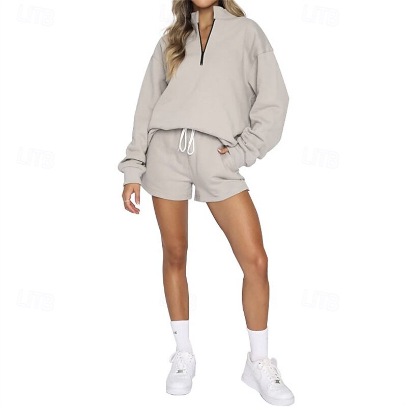 Women's Tracksuit Pullover Sweatshirt Sweat Shorts Drawstring Zipper Pocket Solid Colored Clothing Suit Fall Black Sky Blue Gym Workout Sports Windproof Long Sleeve Sport Activewear Micro-elastic3