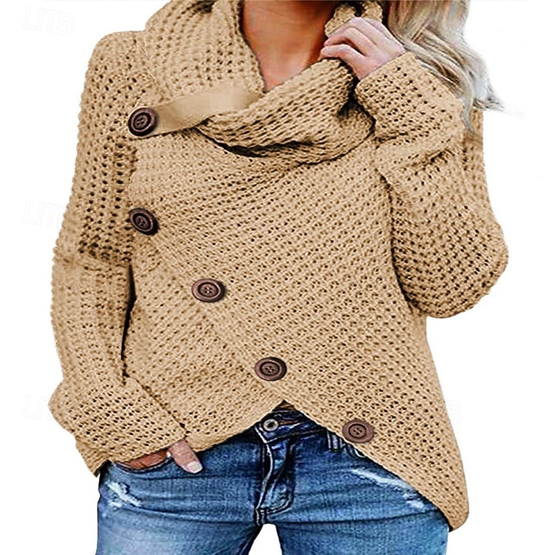 Women's Sweater Casual Solid Color Ribbed Turtleneck Buttons Knitted Long Sleeve Regular Tops Knit Going out Weekend Khaki Gray Fall