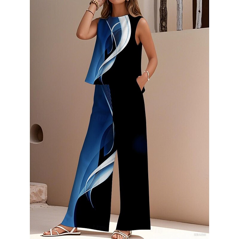 Women's Elegant Fashion Streetwear Two Piece Sets Blouse Vest Pants Sleeveless Crew Neck Outdoor Work Casual Geometric Gradient Print Vacation Daily Holiday White Blue Purple Summer Regular Fit3