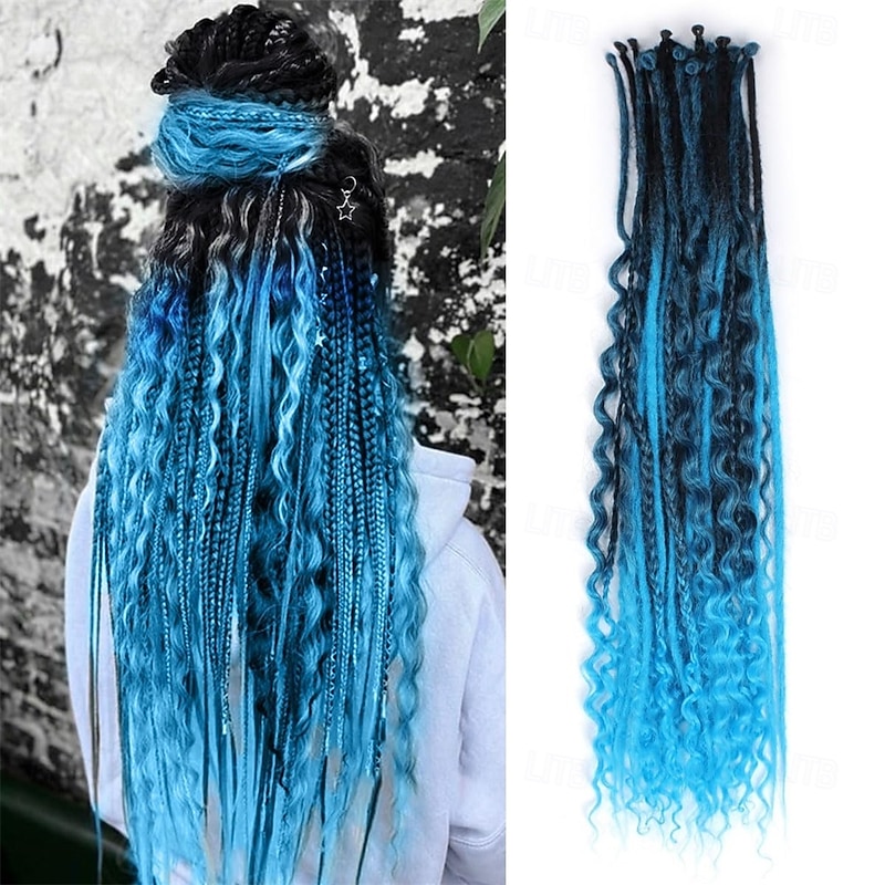 24 Inch 3 In 1 Dreadlock Extensions Sets 30 Strands Mixed Ombre Blue Synthetic SE Dreads Extensions 100% Handmade Soft Single Ended Curly Boho Wavy Dreads for Girls