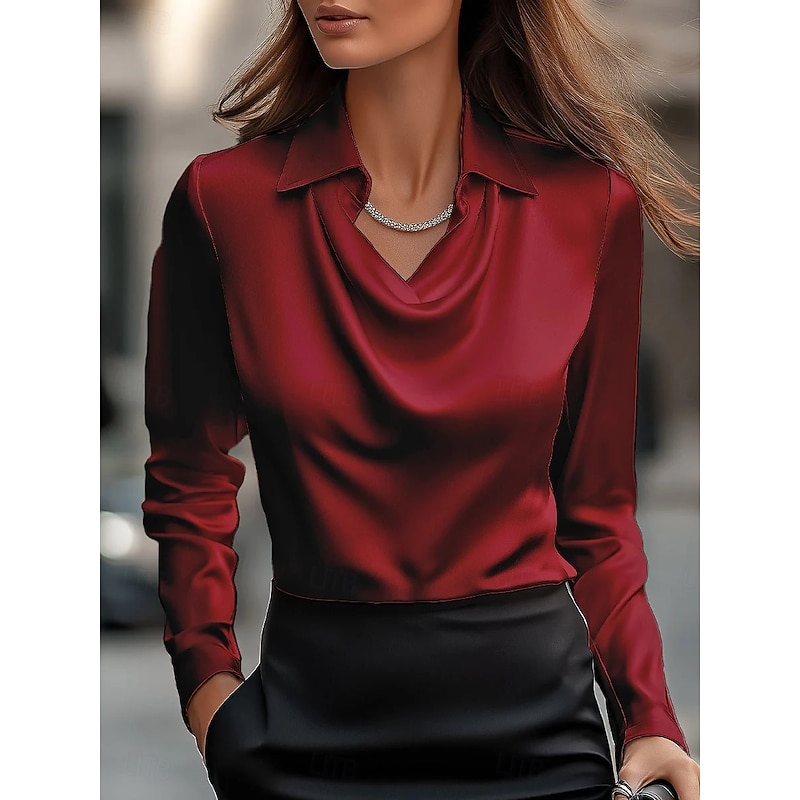 Women's Blouse Satin Solid Color Elegant Long Sleeve Cowl Neck Drape Neckline Regular Tops Daily Ruched Draped  Loose Fit White Pink Wine Blue Purple Fall2