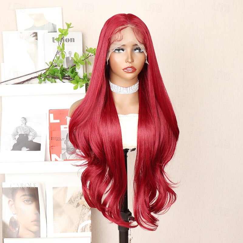 Synthetic Lace Wig Body Wave Style 30 inch Red Middle Part 13x6 Lace Front Wig Women's Wig Red / White3