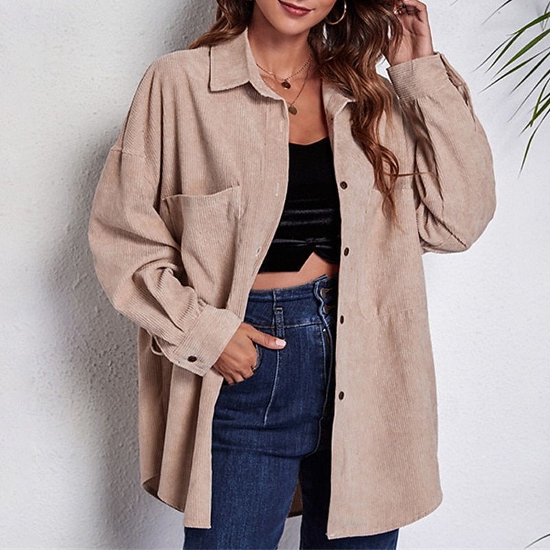 Women's Shirt Plain Daily Stylish Basic Long Sleeve Shirt Collar Regular Tops Work Daily Holiday Buttons Khaki Spring Fall
