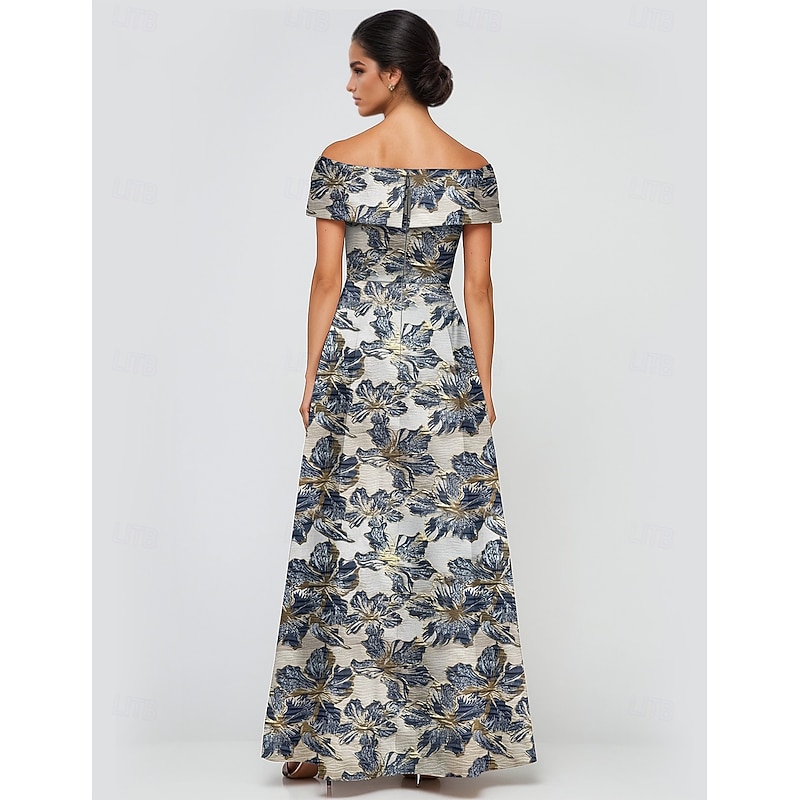 Jacquard Brocade A-Line Evening Gown Elegant Dress Formal Wedding Floor Length Short Sleeve Off Shoulder Pocket Nylon with Slit Pocket3