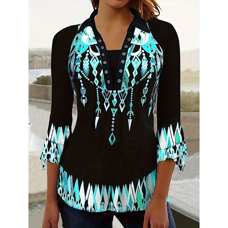 Women's Blouse Peplum Floral Graphic Vintage Casual 3/4 Length Sleeve Shirt Collar Regular Tops Daily Patchwork Print Black White Blue Purple Summer Spring3