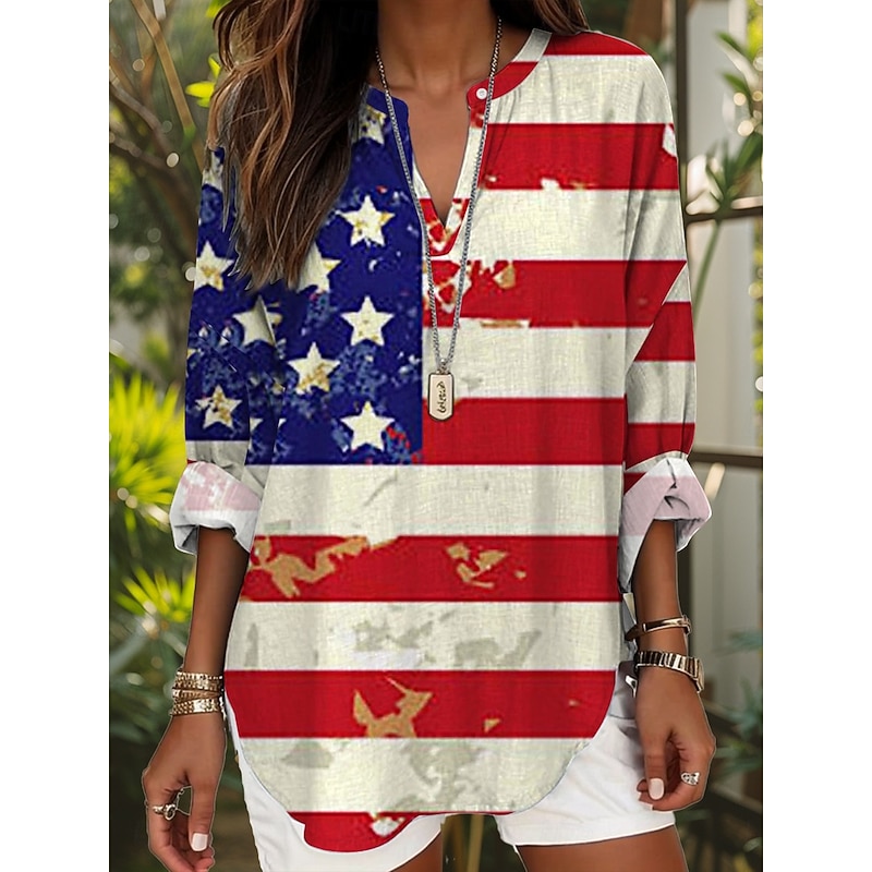 Women's Blouse Tunic V Neck Long Sleeve Boho Casual Patriotic Graphic Flag Stylish Modern Regular Tops Daily Print Black Wine Red Blue Dusty Blue