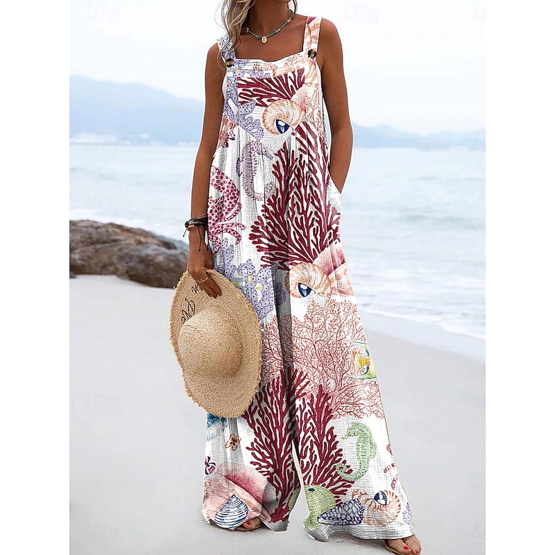 Women's Dungarees Active Graphic Sleeveless Wide Leg Vacation Street Loose Fit Pink Red Blue Summer2