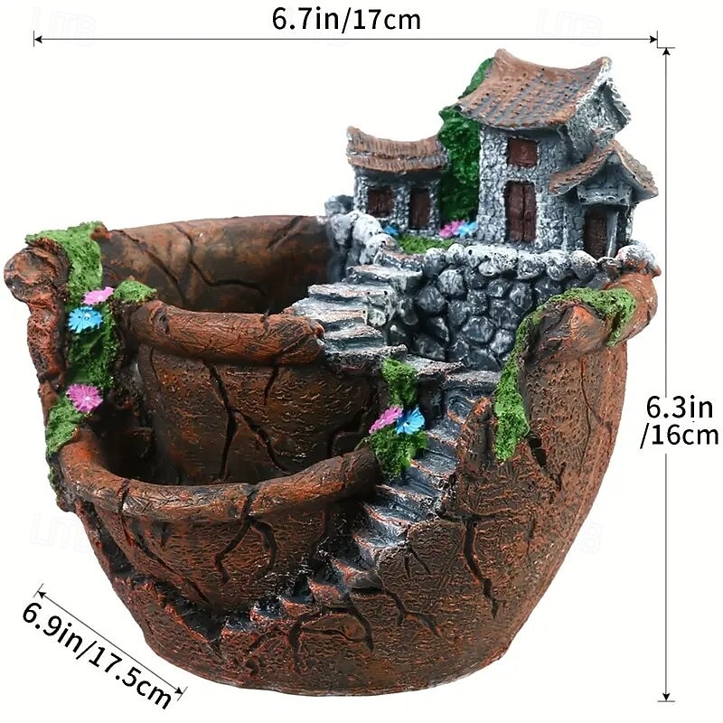 1pc Magic Garden Planting Pot - Fantasy Fairy House Design with stone walls ladders colorful flowers resin succulents and flower pots mini landscape containers for indoor and outdoor decoration2