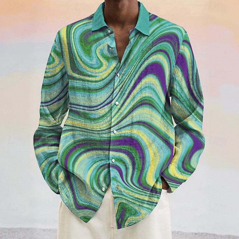 Men's Marble Abstract Liquid Art Shirt Button Up Shirt Long Sleeve Fashion Casual Vacation Daily Spring Fall Turndown 3D Print Linen Like Shirt Pink Purple Green