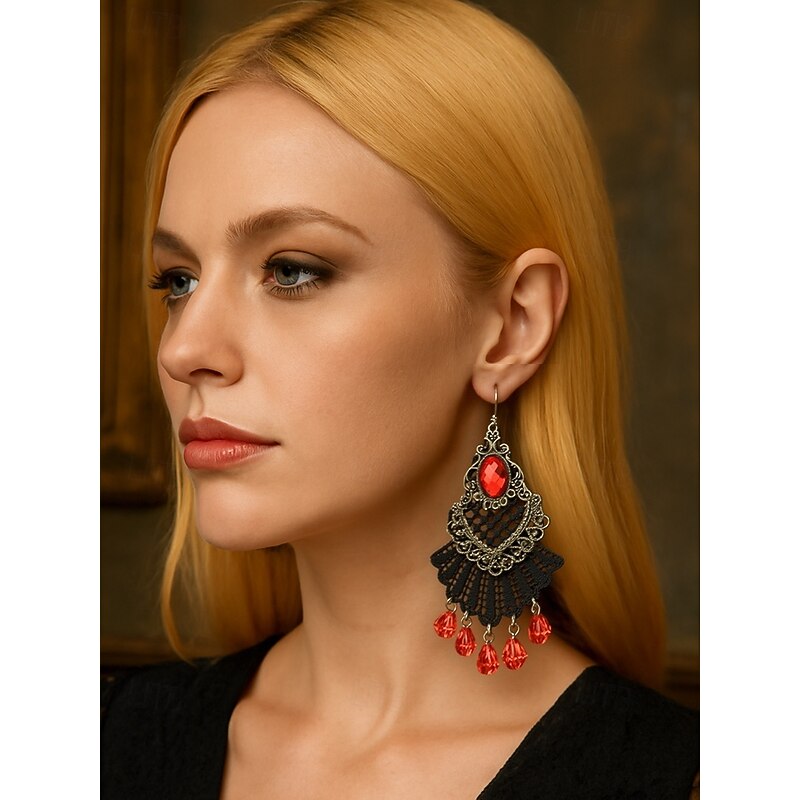 Women's Gothic Vintage Alloy Drop Earrings with Black Stone and Red Beads, Halloween Party Costume Jewelry for Retro Punk Style2
