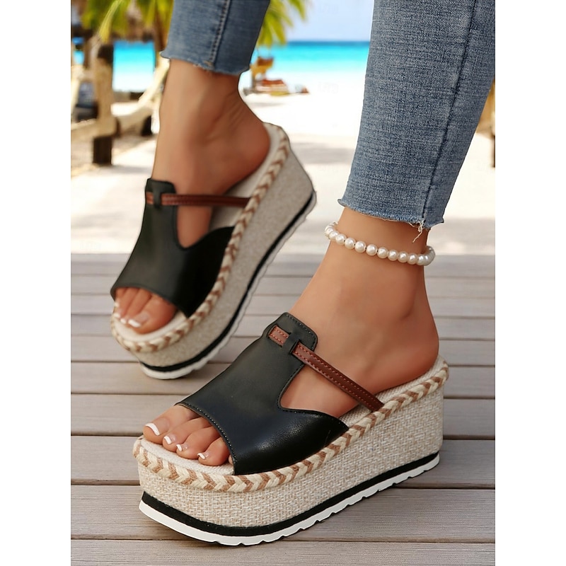 Women's Black Platform Espadrille Slide Sandals with Braided Jute Sole – Casual Beach Wedge Shoes for Summer Vacations, Resort Wear, and Coastal Outfits