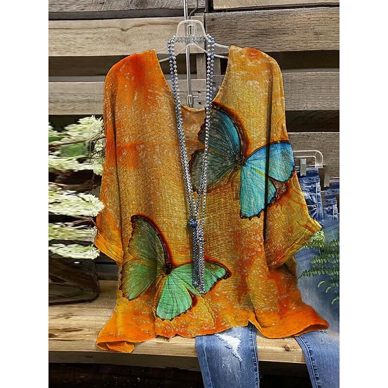 Women's Shirt Floral Butterfly Stylish 3/4 Length Sleeve Crew Neck Regular Tops Daily Holiday Print Blue Orange Khaki Apricot Gray Summer3