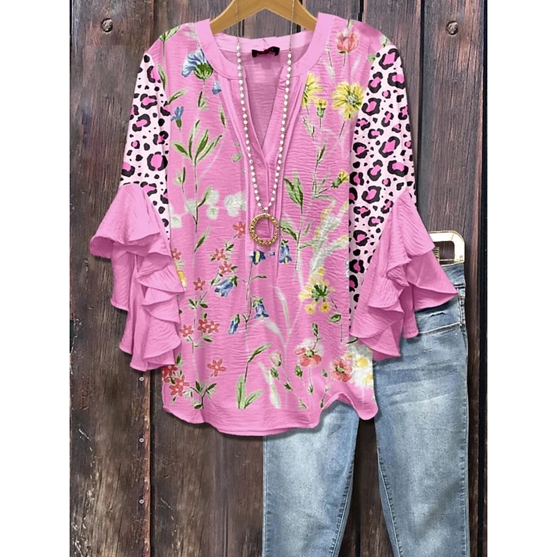 Women's Shirt Floral Paisley Ethnic 3/4 Length Sleeve V Neck Regular Tops Daily Holiday Ruffle Print Pink Wine Summer