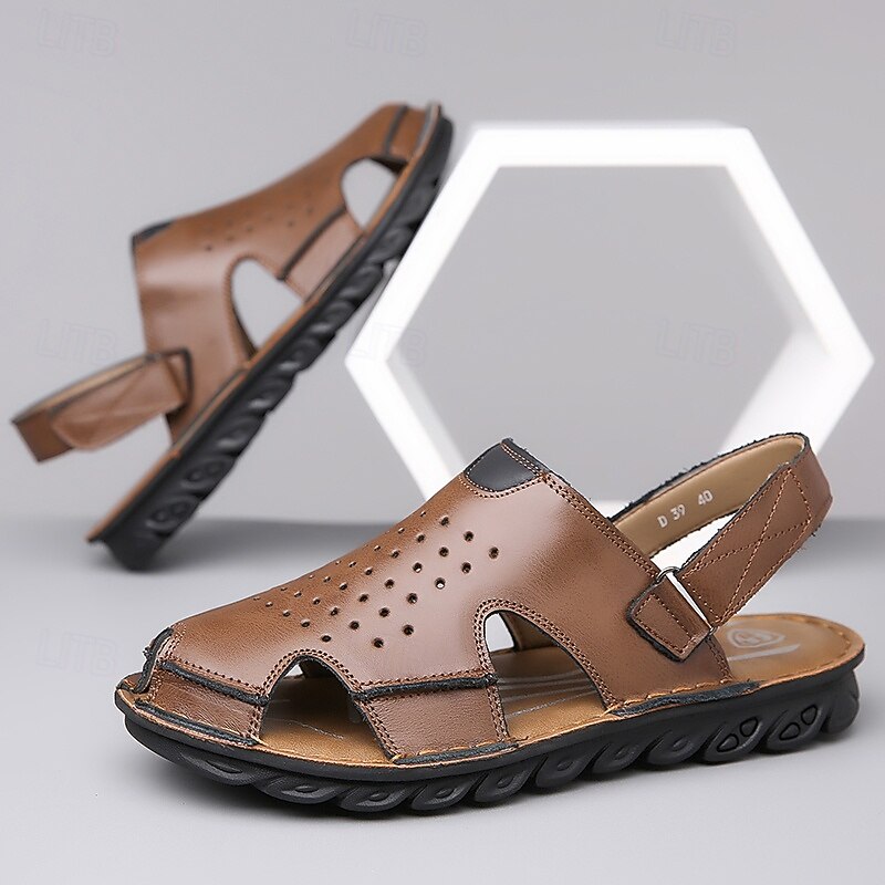 Men's Outdoor Sandals with Faux Leather Perforated Design and Hook and Loop Strap Durable Sole for Hiking Beach and Daily Activities2