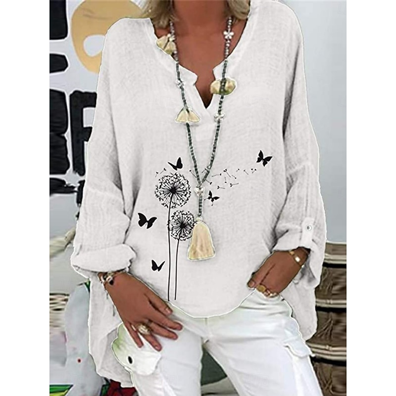 Women's Cotton Linen Shirts Floral Basic Casual Long Sleeve Shirt Collar Regular Tops Daily Print White Pink Navy Blue Purple Summer Fall