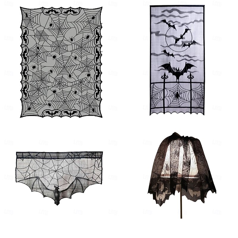 Black Bat Lace Halloween Table Runner Halloween Table Decoration,Lace Runners for Halloween Party Black Spooky Dinner Table Decorations3