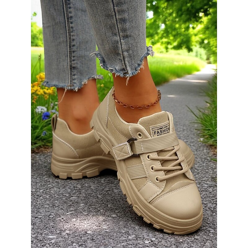 Women's Beige Lace-Up Canvas Sneakers with Durable Sole, Farm Work Shoes for Outdoor Labor, Harvest Festival and Gardening4