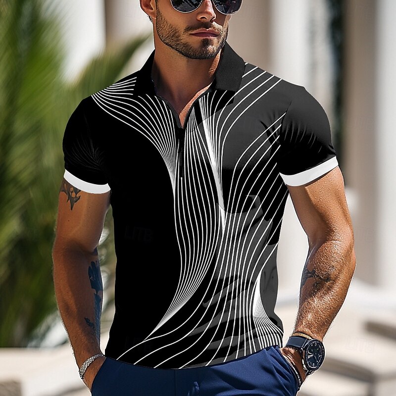 Men's Geometic Line Zip Polo Shirts Short Sleeve Polo Shirts Collared Shirts Business Casual Outdoor Athleisure 3D Print Summer Black Blue Green4