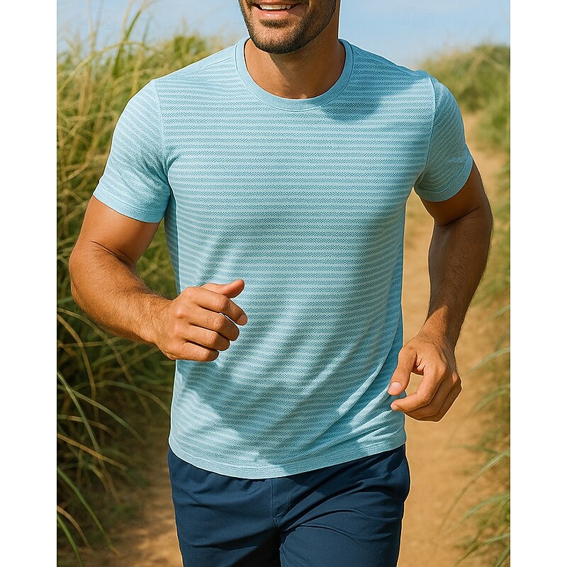 Men's Running Top Running Shirt Short Sleeve Tee Tshirt Striped Quick Dry Lightweight Elastic Breathable Tennis Golf Running Sportswear Activewear Black White Blue