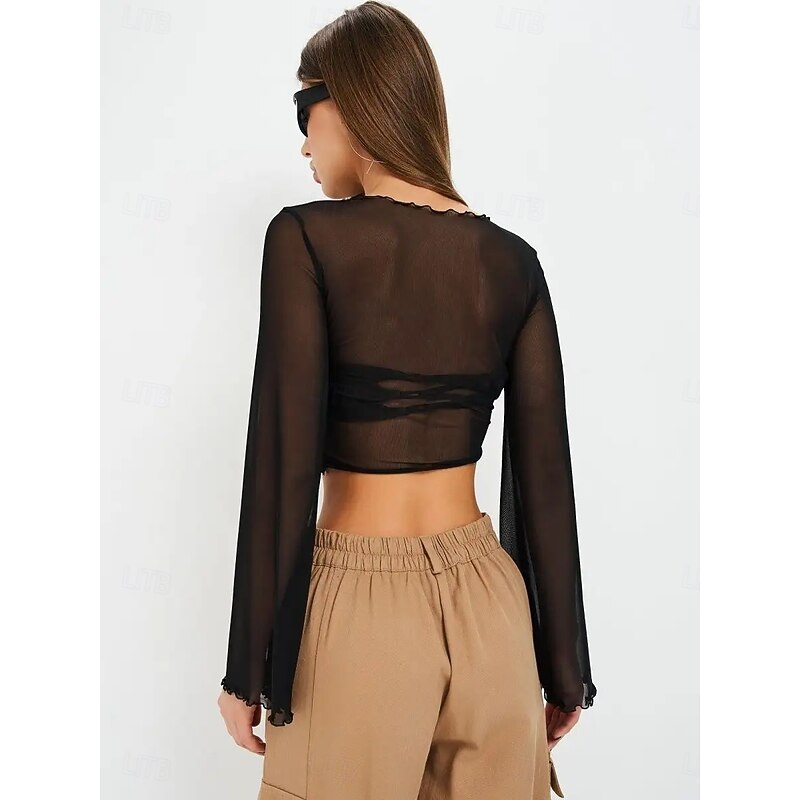 Retro Vintage 1970s Groovy Crop Top Bell Sleeve Disco Mesh Round Neck Fancy Dress Women's Halloween Carnival Music Festival Retro Theme Party Adults' Top2