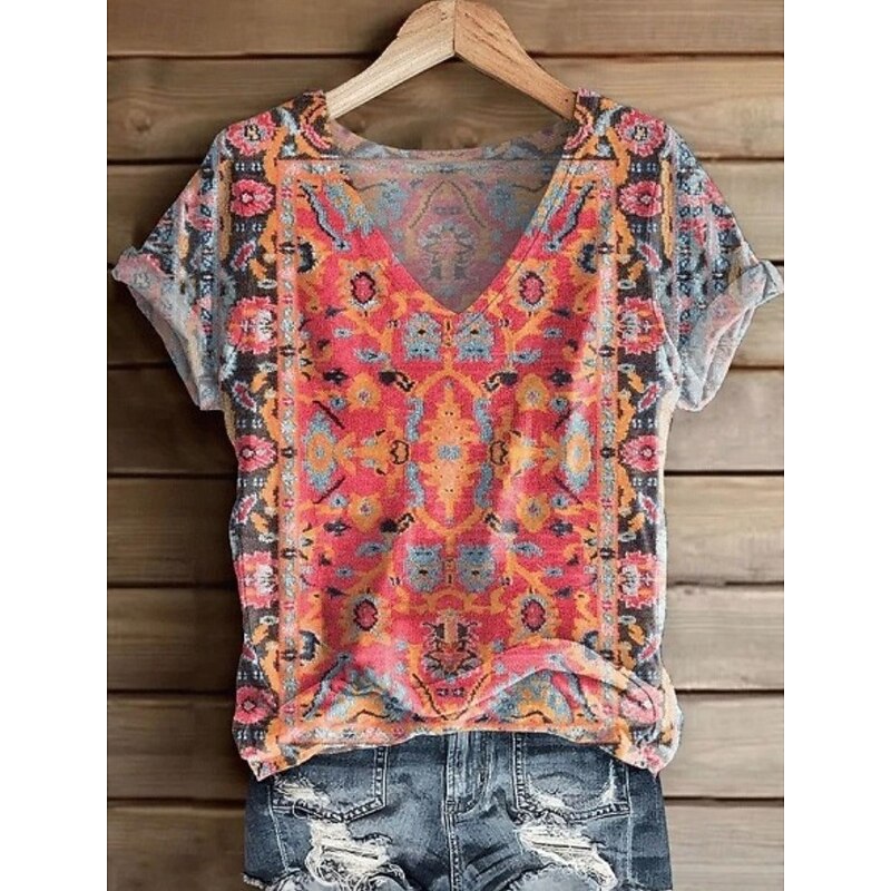 Women's T Shirt Graphic Paisley Vintage Stylish Classic Short Sleeve V Neck Regular Tops Daily Print Black Red Orange Violet Gray Summer Spring3