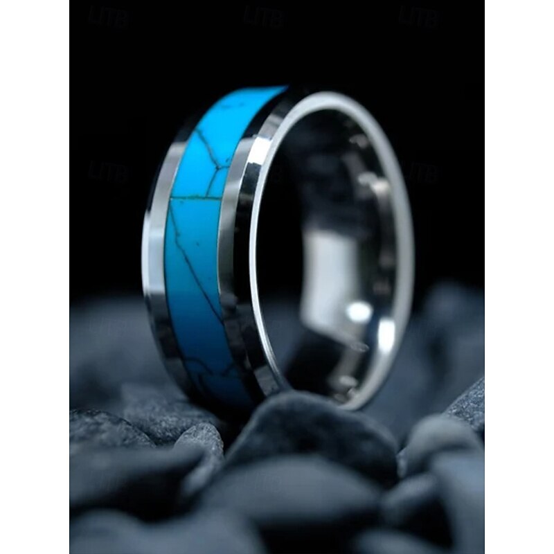 Men's Stainless Steel Blue Turquoise Inlay Ring, Polished Comfort Fit Band, Western Style Jewelry for Daily Wear, Weddings or Gifts4